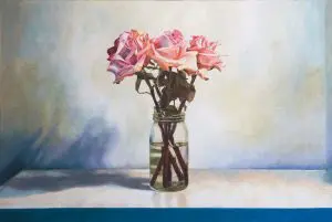 Lumen by Laureen Marchand flower painting still life of roses in jar and blue shadows