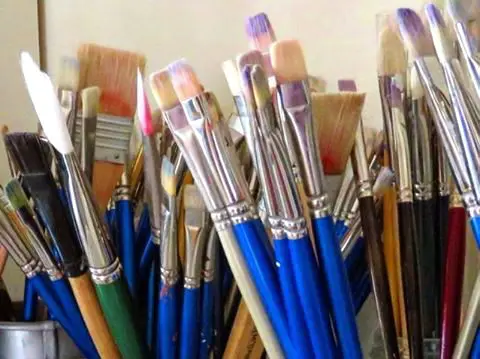 Oil painting brushes in the studio of experienced artist and teacher Laureen Marchand, art workshop leader, Val Marie SASK