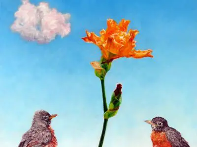 Day Star oil painting of two young robins looking up to admire a golden yellow iris flower against a light-filled sky with only a single friendly looking cloud
