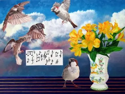 How to Light Up the Sky oil painting with sparrow flying in a wild sky with vase of slowers and abstract musical staff in the lower foreground