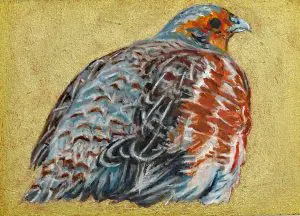 Oil painting by Laureen Marchand: Hungarian Partridge in Puffer Coat miniature oil painting 2.5" x 3.5", $225, with small espresso coloured wood display easel