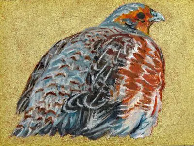 Oil painting by Laureen Marchand: Hungarian Partridge in Puffer Coat miniature oil painting 2.5" x 3.5", $225, with small espresso coloured wood display easel