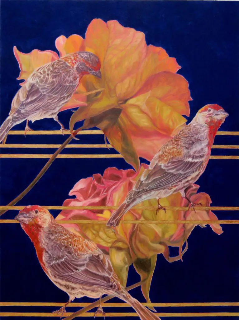How to Never Fade oil painting of three red headed house finches engaging with large red and yellow flowers against a background of navy blue that mixes elements of both realism and abstraction. It suggests a new look at this world's beauty and is by experienced artist and teacher Laureen Marchand, leader of art workshops in Val Marie SASK