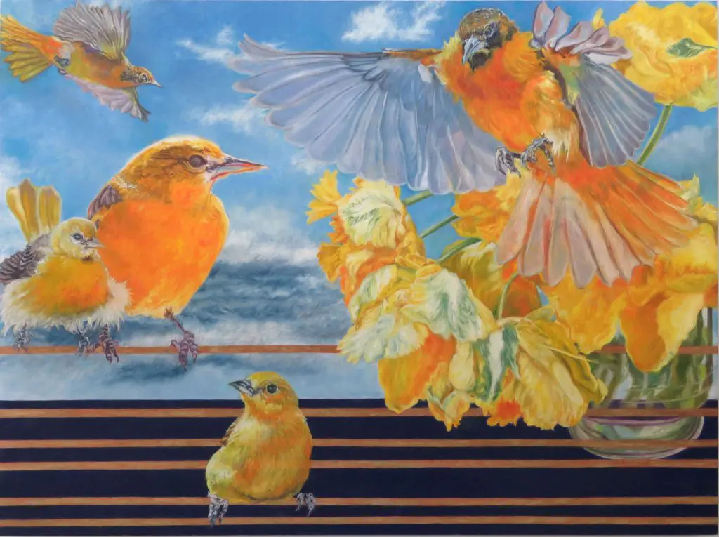 Oil painting titled How to Shine Like the Sun of female Baltimore orioles celebrating the world's beauty as they gather around a vase of tulips in a bright sky by experienced artist and teacher Laureen Marchand, workshop leader in Val Marie SASK
