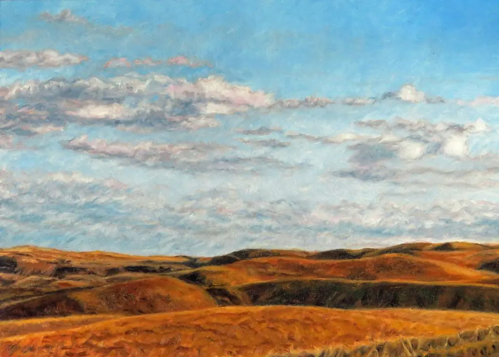 Oil painting of Grasslands National Park in November by experienced artist and teacher Laureen Marchand, leader of art workshops in Val Marie, SASK