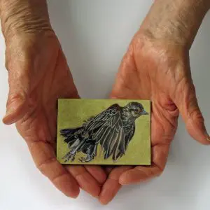 Small Wonders Ms Redwinged at Speed by Laureen Marchand miniature oil painting 2.5" x 3.5" ecological climate change art