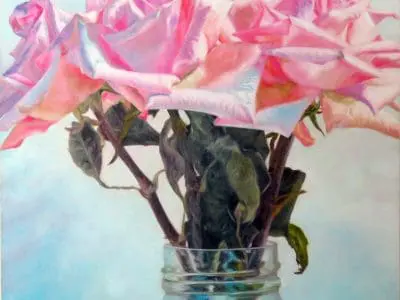 Airglow Laureen Marchand flower art contemporary still life oil painting pink roses in jar