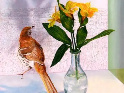 Half-Shadow by Laureen Marchand bird art oil painting brown thrasher and flower vase in imagined landscape