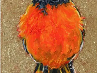 Oriole Considers the Meaning by Laureen Marchand miniature oil painting on panel joyful bird climate change art