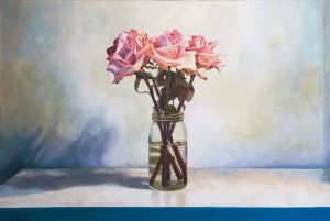Lumen by Laureen Marchand flower painting still life of roses in jar and blue shadows