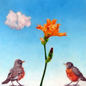Day Star oil painting of two young robins looking up to admire a golden yellow iris flower against a light-filled sky with only a single friendly looking cloud