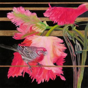 Modern Love by Laureen Marchand bird art oil painting of house finch singing to pink Parrot tulip