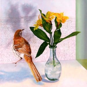Half-Shadow by Laureen Marchand bird art oil painting brown thrasher and flower vase in imagined landscape