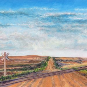 <i>The Crossing</i> Oil painting of a lonely road crossing a railway line with a distant blue sky over a golden coloured landscape by Saskatchewan artist Laureen Marchand
