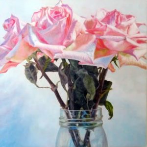 <i>Airglow</i> Airglow by Laureen Marchand flower art contemporary still life oil painting pink roses in jar