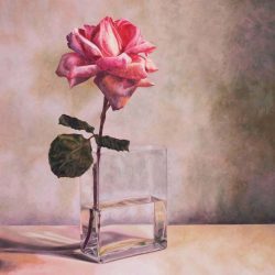 <i>Dusk, Clear Sky</i> Dusk Clear Sky by Laureen Marchand oil painting of single rose in vase under dark grey light suggesting beauty in simplicity