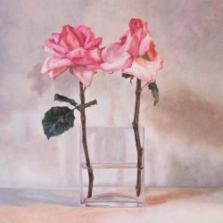 <i>Light Flow</i> View and purchase Light Flow by Laureen Marchand flower art oil painting of two pink roses in a glass vase seen in shadowy grey light