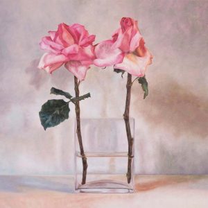 <i>Light Flow</i> View and purchase Light Flow by Laureen Marchand flower art oil painting of two pink roses in a glass vase seen in shadowy grey light