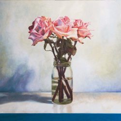 <i>Lumen</i> Lumen by Laureen Marchand flower painting still life of roses in jar and blue shadows