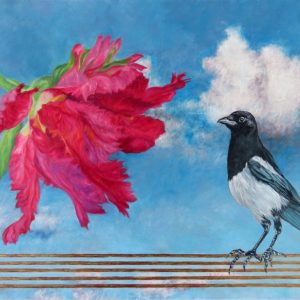 <i>A Playful Day</i> A Playful Day image of smiling magpie facing a red parrot tulip against a bright almost cloudless sky