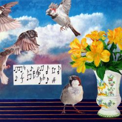 <i>How to Light Up the Sky</i> How to Light Up the Sky oil painting with sparrow flying in a wild sky with vase of slowers and abstract musical staff in the lower foreground