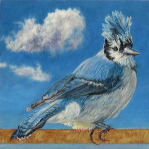 <i>Wind Warning</i> Oil painting of cheeky looking blue jay with head feathers fluffed out titled Wind Warning by experienced artist and teacher Laureen Marchand, workshop leader in Val Marie SASK