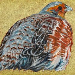 <i>Small Wonders: Hungarian Partridge in Puffer Coat</i> Oil painting by Laureen Marchand: Hungarian Partridge in Puffer Coat miniature oil painting 2.5" x 3.5", $225, with small espresso coloured wood display easel