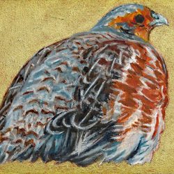 Small Wonders: Hungarian Partridge in Puffer Coat Oil painting by Laureen Marchand: Hungarian Partridge in Puffer Coat miniature oil painting 2.5" x 3.5", $225, with small espresso coloured wood display easel