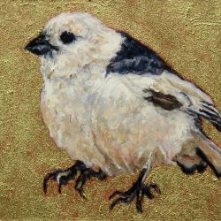 <i>Small Wonders: Snow Bunting Not Snowbird</i> Laureen Marchand Snow Bunting climate change art bird painting available for purchase from laureenmarchand.com with worldwide shipping
