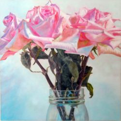 <i>Airglow</i> Airglow Laureen Marchand flower art contemporary still life oil painting pink roses in jar