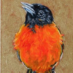 Small Wonders: Oriole Considers the Meaning Oriole Considers the Meaning by Laureen Marchand bright orange bird climate change art